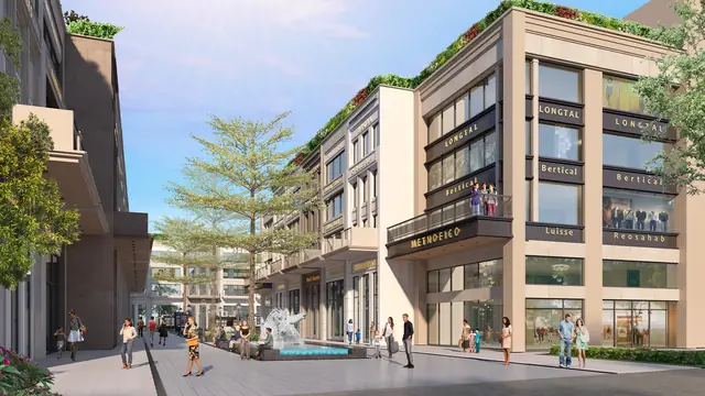 Adani Downtown Avenue — SCO blocks along the retail street with water feature (design render)