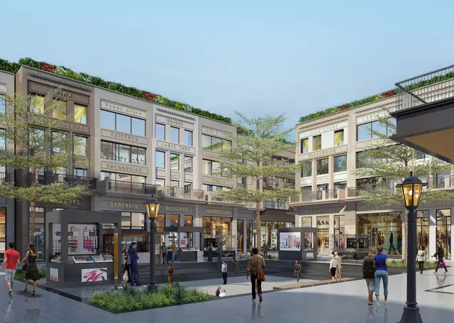 Adani Downtown Avenue — retail plaza with kiosk and lamp posts (design render)