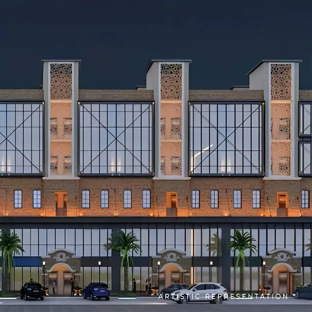 Brisk 3X Crossing — facade render at dusk (design render)