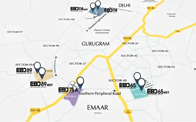 Emaar EBD 65 NXT — location map of Emaar EBD projects around Sector 65