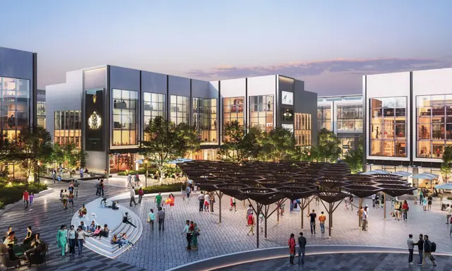 Orris Gateway - evening view of the plaza and shopfronts (design render)
