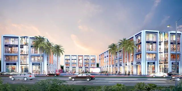Pyramid Grand Vista 73 - twin SCO blocks along the main road at dusk (design render)