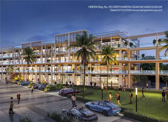 Reach Bazaria 68 — palm-lined boulevard with landscaped lawn (design render)
