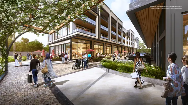 Reach Buzz 114 — tree-lined retail street with café seating (design render)