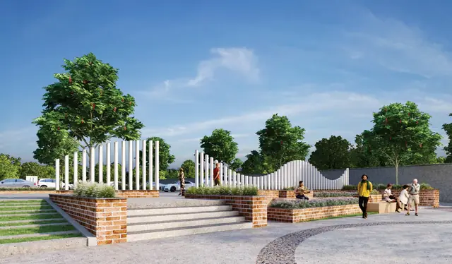 Royal Green Courtyard 37D — arrival plaza with sculptural wall (design render)