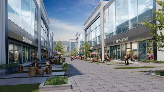 Royal Green Courtyard 37D — retail boulevard between the SCO blocks (design render)
