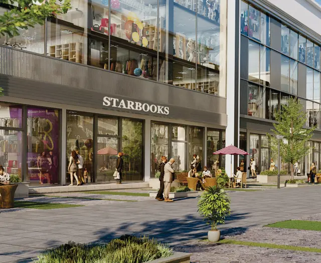 Royal Green Courtyard 37D — ground-floor shopfronts with outdoor seating (design render)