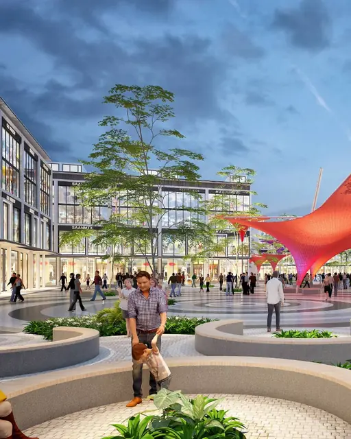 Vatika Crossover — seating area in the central plaza (design render)